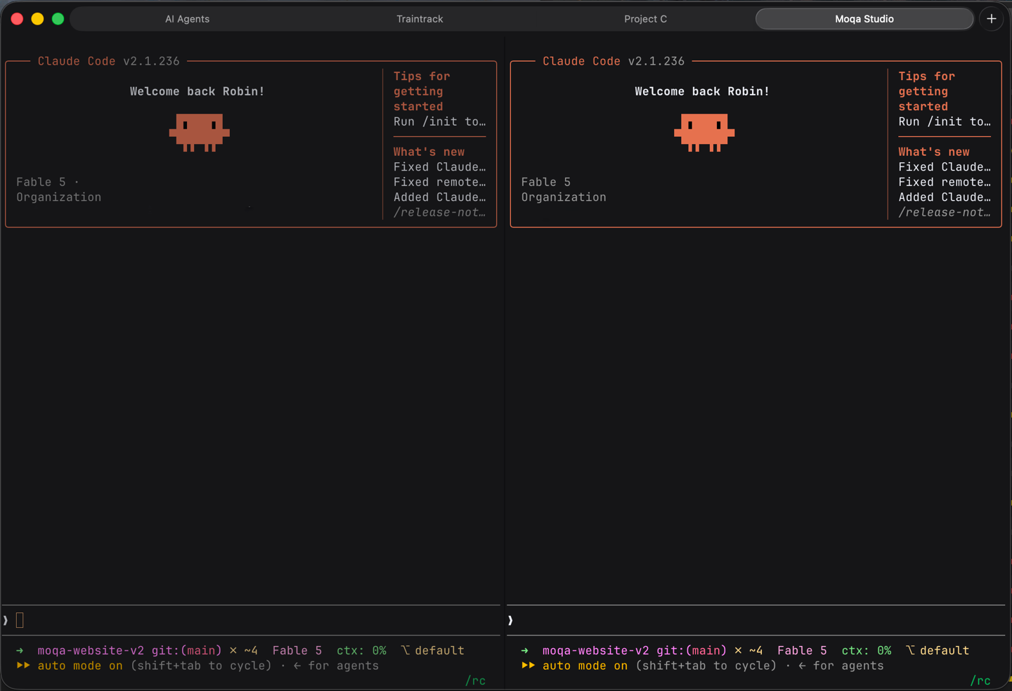 Ghostty with one tab per project and two Claude Code panes side by side