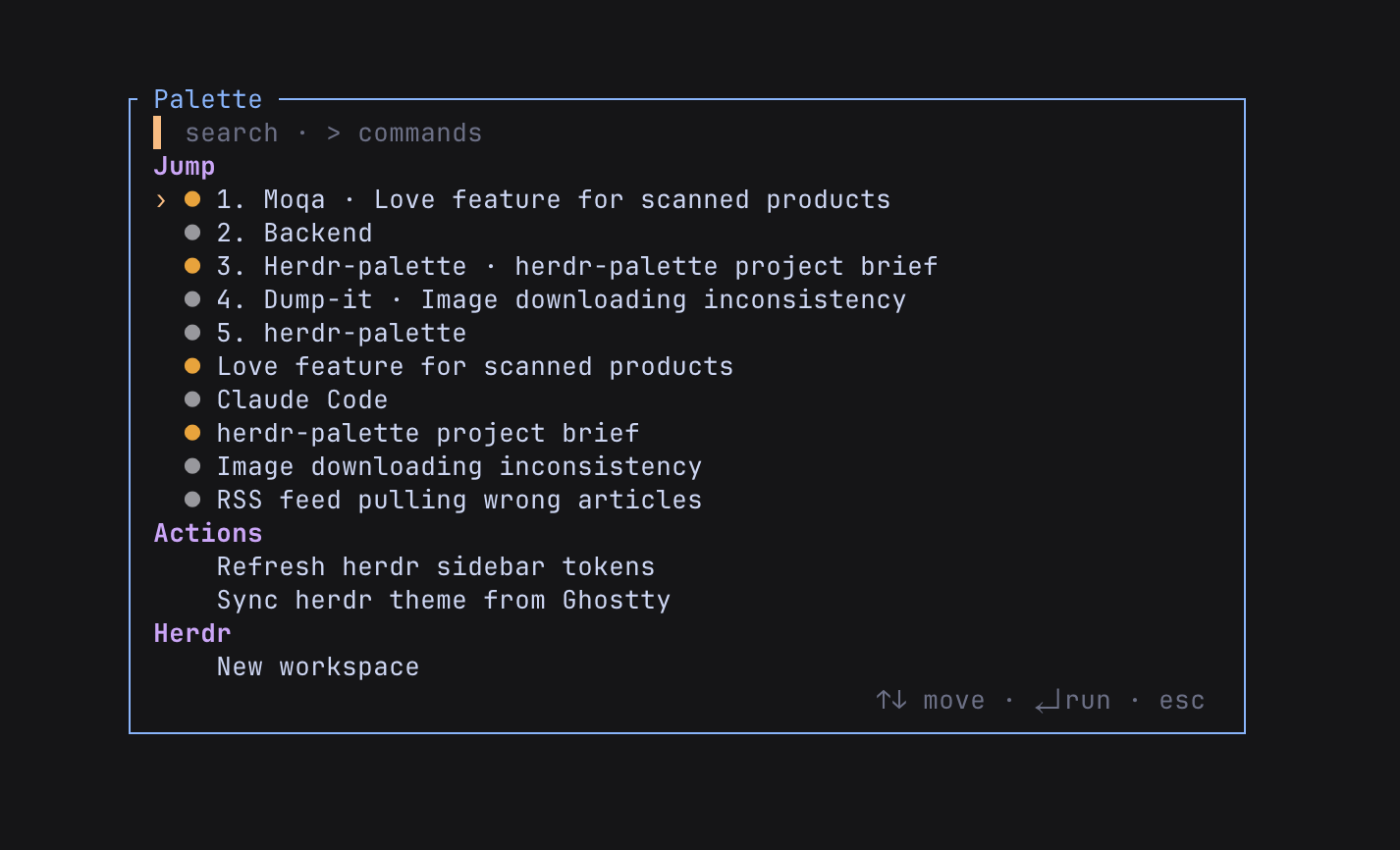 The herdr-palette plugin: a searchable list of workspaces, tabs and actions