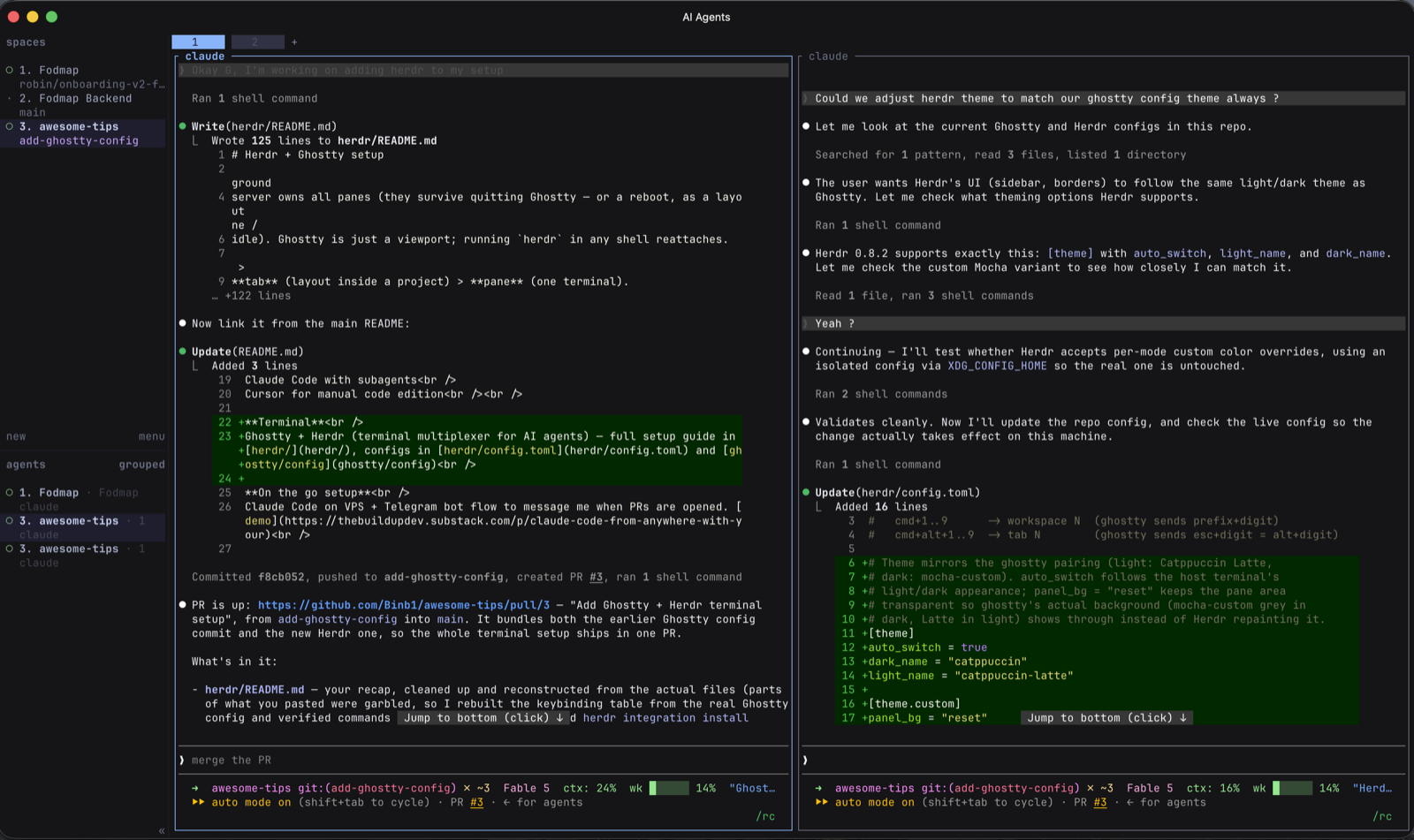 Herdr in Ghostty: workspaces and agents in the sidebar, two Claude Code panes working side by side